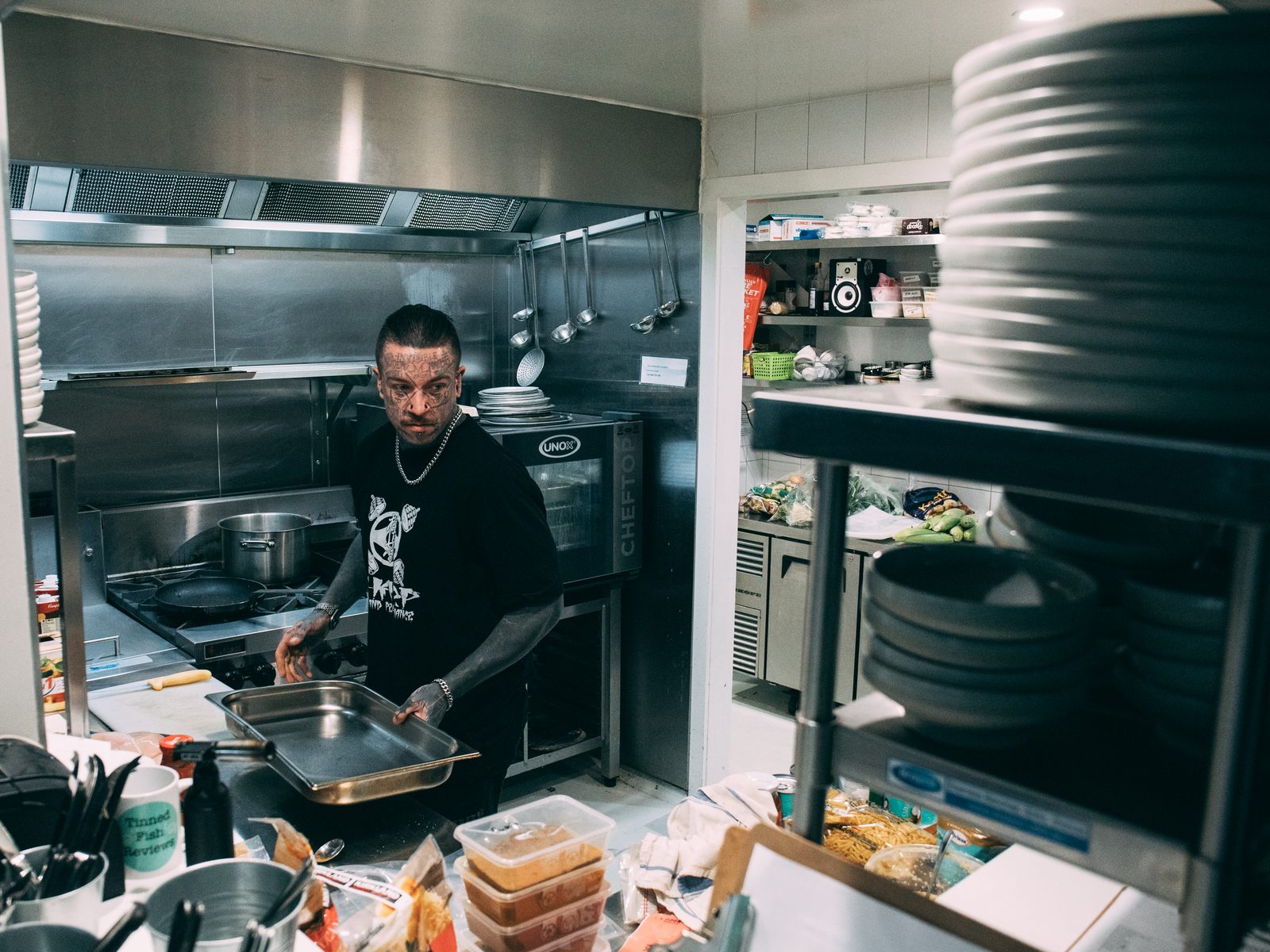 Tim prepping in a commercial kitchen